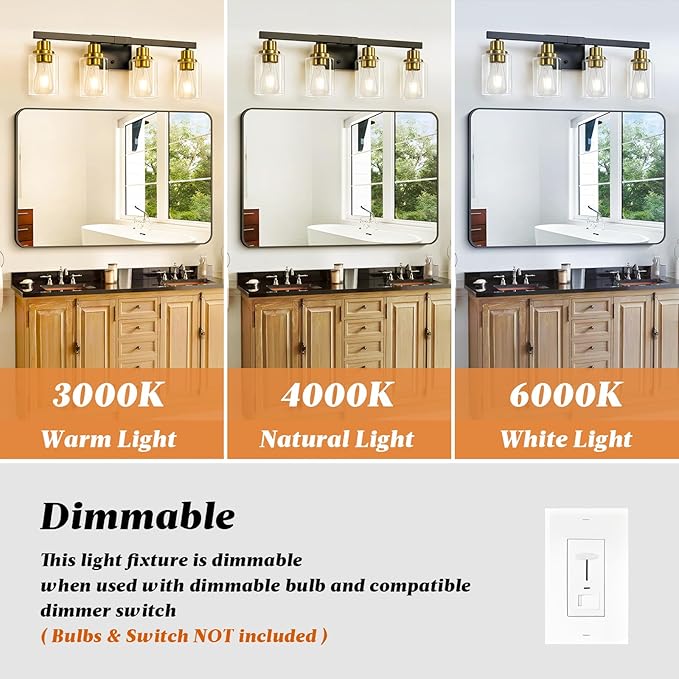 DIKAIDA Bathroom Vanity Light, 4-Light Black and Gold Bathroom Light Fixtures with Clear Glass Shade, Bathroom Lighting Fixtures Over Mirror,Bath Black Wall Lights for Mirror Bedroom,Living Room