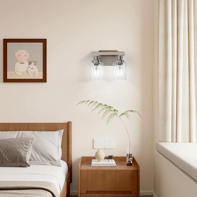 DIKAIDA Bathroom Vanity Light, 2-Light Nickel Modern Matte Wall Sconce Lighting with Clear Glass Shade, Wall Lights,Bath Vintage Wall Mounted Lamps for Mirror Bedroom Living Room