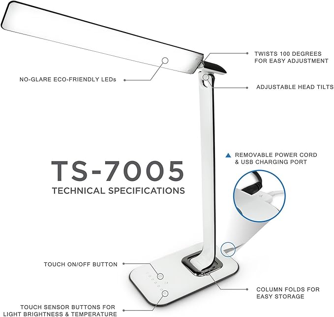 Turcom LED Desk Lamp With USB Charging Port Dimmable Touch Controls w/Color Adjustment, Eye Care Task Lamp, 5W, 1000 Lux,Multicolor