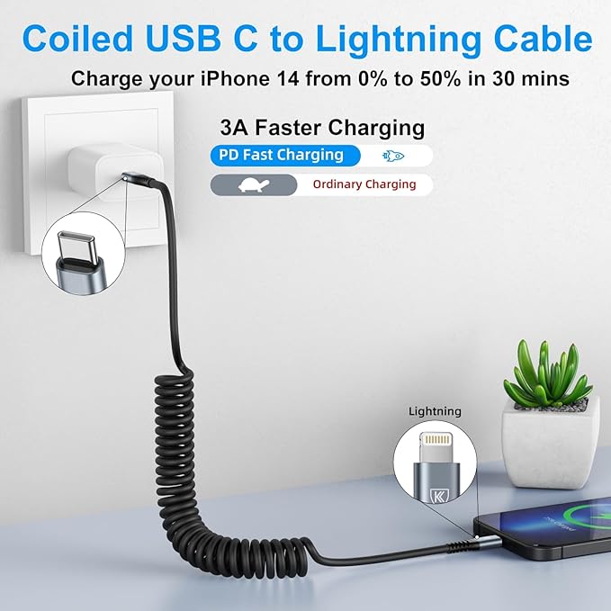 USB C to Lightning Cable [3FT+6FT], 2Pack Coiled iPhone Charger Cable Fast Charging for Car [Apple MFi Certified] Short USBC iPhone Cord Compatible with iPhone14/13/12/11 Pro Max/8/Plus/iPad/CarPlay