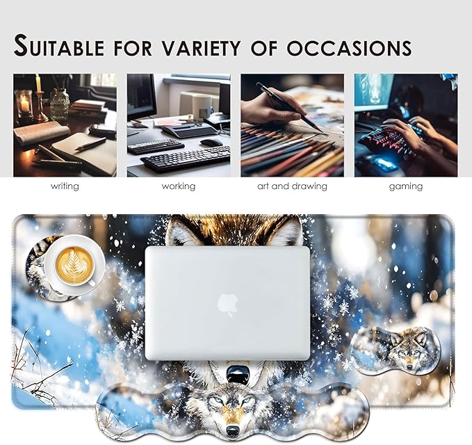 BFUKVOU Large Keyboard Mouse Pad Set, Extended Mouse Pad+Keyboard Wrist Rest Support, Memory Foam Ergonomic Easy Typing, 4Pcs (31.5×11.8 in) Desk Pad Set for Office Home,Snowy Wolf