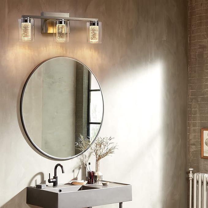 SADENICEL Brushed Nickel Vanity Lights, 3-Light Bathroom Light Fixtures, Crystal LED Bathroom Lights Dimmable White/Neutral/Warm Light with Clear Glass Shade for Bathroom Bedroom Hallway Lighting