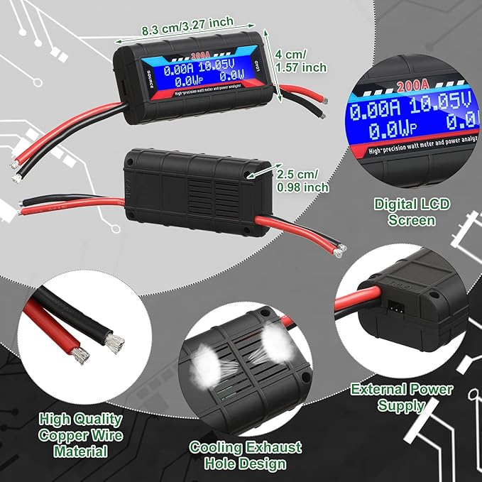 Yunsailing 2 Pcs 200A High Precision Watt Meter Power Analyzer Battery Consumption Performance Monitor Amp Meter Monitor with Backlight Digital LCD Screen for RC Solar Voltage Current Power (60V)
