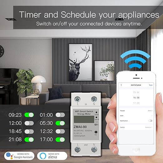 WiFi Smart Energy Monitor Switch Meter, Compatible with Alexa Google Home, Remote Control with Smart Life/Tuya App, Din Rail Tester Current Voltage Amperage Power Meter AC 110-230V 60A Multimeter