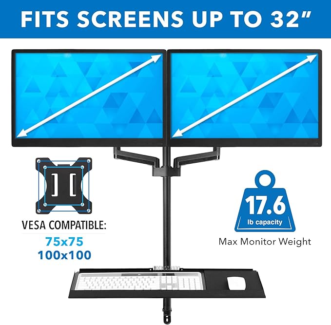 Mount-It! Wall Mount Workstation with Dual Monitor Mount, Keyboard Tray and CPU Holder, Height Adjustable Full Motion Arms, Fits Two 32 Inch Computer Screens