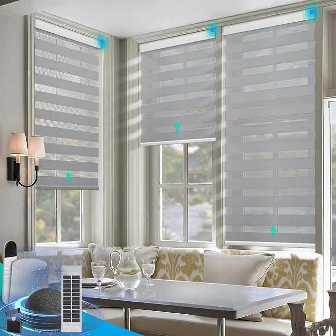 DENFOON Motorized Zebra Blinds, Solar Powered Dual Layer Automatic Shades with Remote Control, Rechargeable Smart Blinds Horizontal Wireless Electric Shades for Windows, Custom Size, Gray， 28 x 72