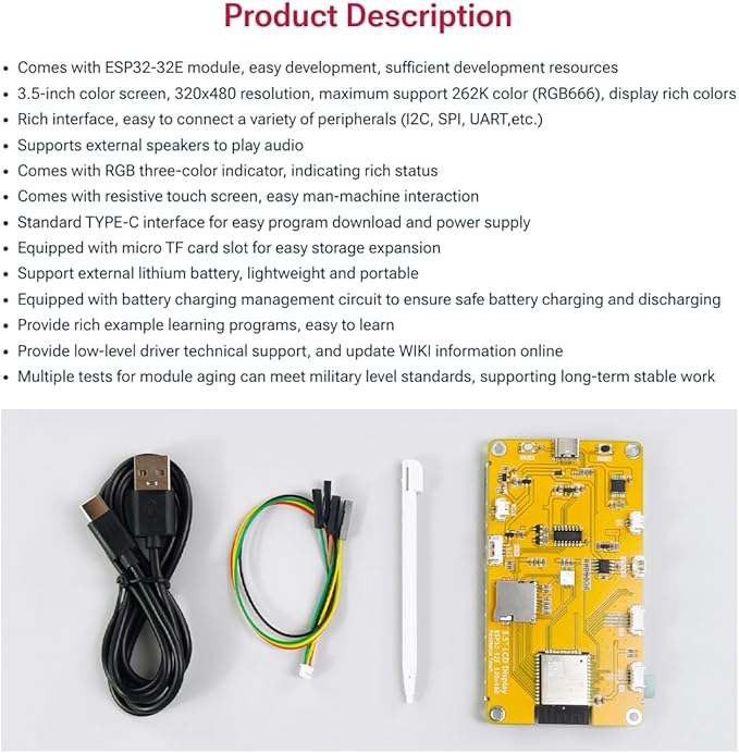 Hosyond 3.5'' 320x480 Touch Screen ESP32 Display with WiFi+BT, ST7796U Driver LCD TFT Screen Module for Arduino IoT
