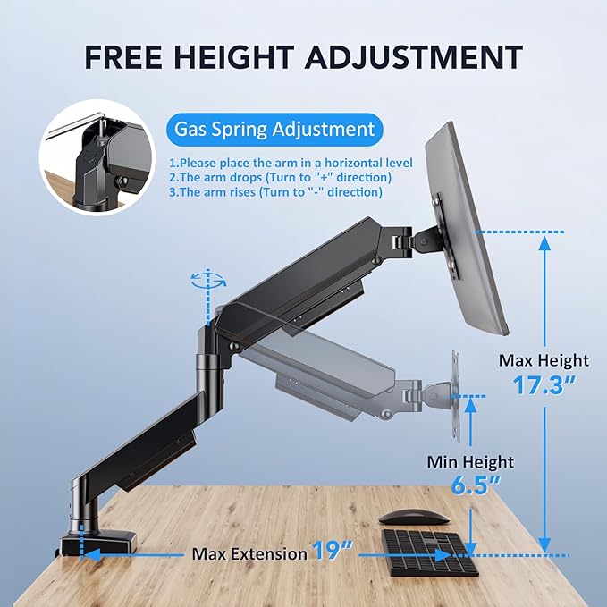Single Monitor Arm, Monitor Mount for 17-32 inch Screens Gas Spring Adjustable Monitor Stand, Vesa Mount with Clamp and Grommet Aluminum Base - Fits 4.4 to 22lbs LCD Computer Monitors AX09DB01