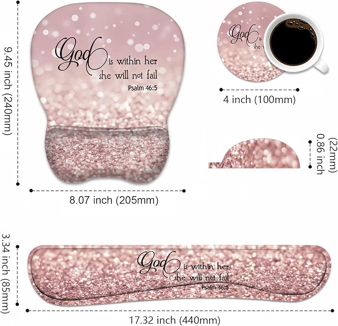 Ergonomic Mouse Pad Wrist Support and Keyboard Wrist Rest Set with Coasters, Non-Slip PU Base, Easy Typing & Pain Relief for Computer Laptop Home Office, Bible Verse Psalm 46:5
