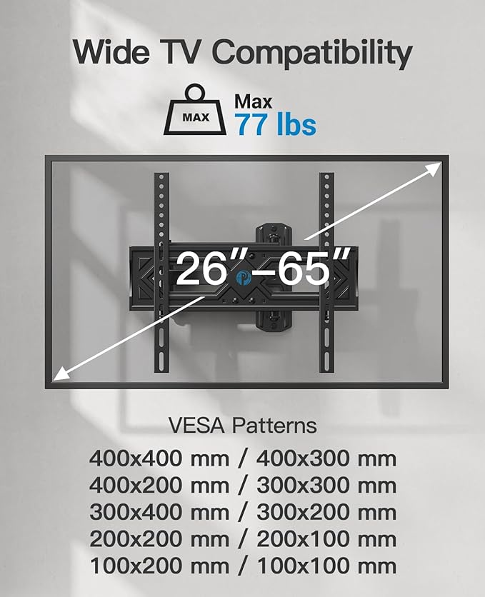 Pipishell Full Motion TV Wall Mount for 26-65 Inch Flat Curved TVs, Heavy Duty Single Articulating Arms, Corner TV Mount Up to VESA 400x400mm and 77lbs, Support Swivel, Tilt, Level Adjustment