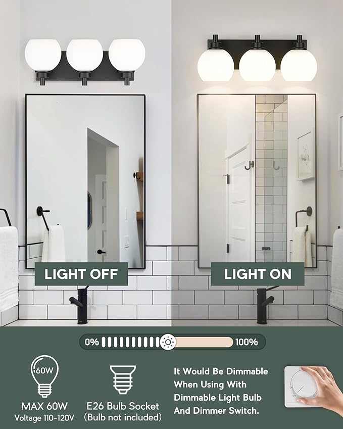 METWET Bathroom Light Fixtures, 3-Light Matte Black Vanity Light, Modern Wall Sconces with Milk White Globe Glass Shade, Vanity Lighting Fixtures Over Mirror, VL195-MB-ML-3