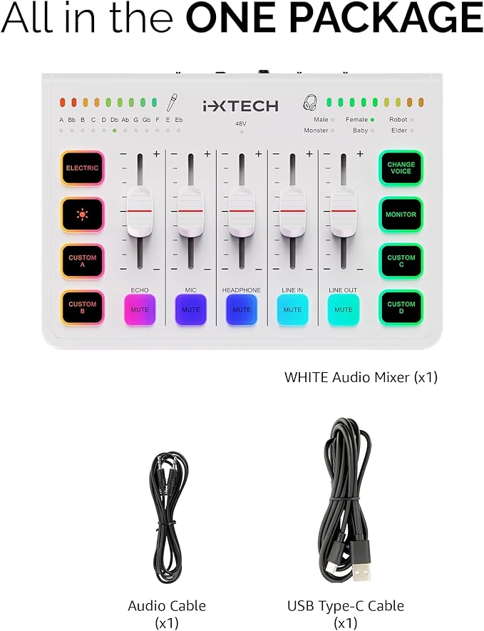 IXTECH Gaming Audio Mixer 4 Channel Soundboard, Streaming RGB PC Audio Interface with XLR Microphone Support, Audio Equalizer for Gaming Podcast Streaming Karaoke, Individual Volume Controls (White)