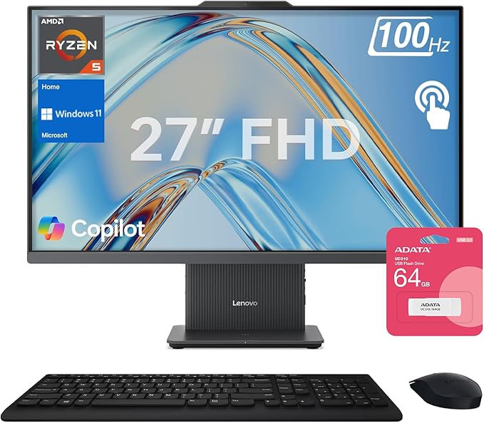 Lenovo IdeaCentre Business All-in-One, 27" FHD Touchscreen 100Hz, AMD Ryzen 5 7535HS, 32GB DDR5 RAM, 2TB SSD, Webcam, Wireless KB & Mouse, Windows 11 Home, Bundle with Adata 64GB USB Flash Drive