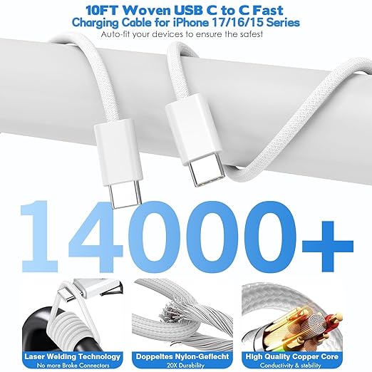 10Foot iPhone 17/16/15 Cord Fast Charging,2Pack Super Quick 60W i Phone USBC Charging Block 5-Port Phone Plug Long 10FT Type C Woven Cable for i Phone17/17 Air,iPhone 16e/16/15/15Pro,iPad Pro/Air/Mini