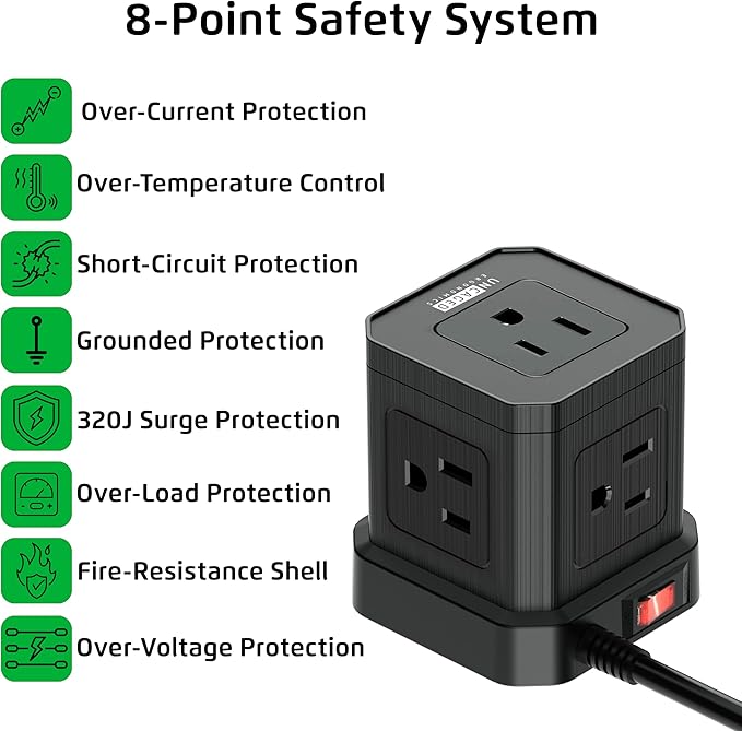 Cube Power Strips with Surge Protection, 6ft Extension Cord with Multiple Outlets, 5 Ac Plugs, 3 USB, 1 Usbc Fast Charging Power Strip with USB Ports, Mountable On/Off Switch Charging Station