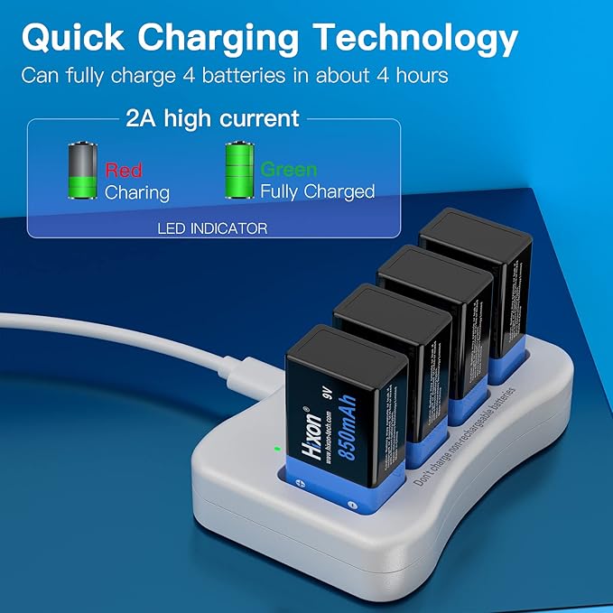 9v Rechargeable Batteries,9 Volt Rechargeable Batteries with Charger kit,4-Pack 850mAh 9v Lithium Batteries for Alarms Wireless Microphones Smoke Detectors Toys Flashlights and More