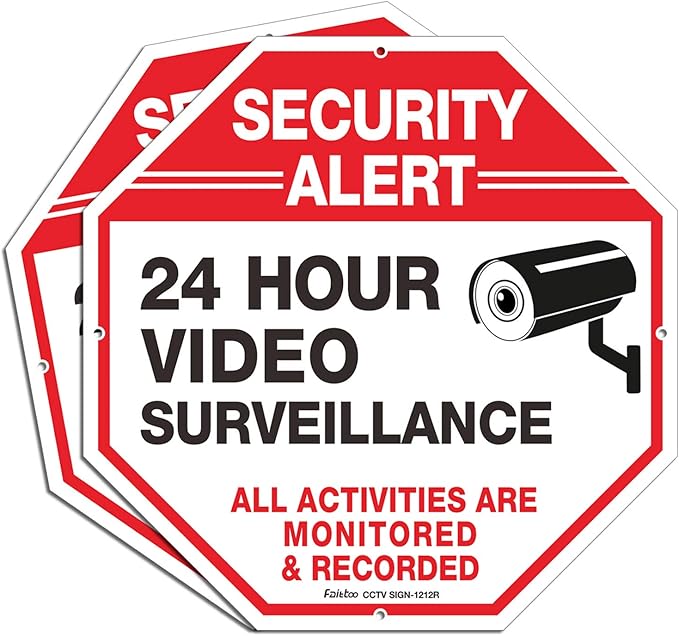 Video Surveillance Signs (2 Pack) 12 x 12 Rust Free .040 Aluminum Security Warning Reflective Metal Signs, Indoor or Outdoor Use for Home Business CCTV Security Camera, UV Protected & Waterproof