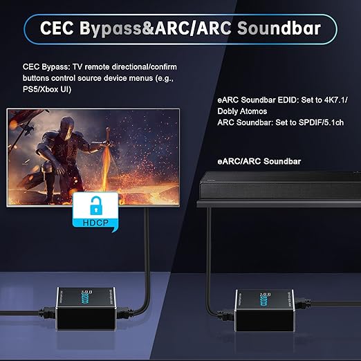 4K@120Hz HDMI 2.1 eARC Audio Extractor 1 in 1 Out Support VRR ALLM HDCP2.3 ARC eARC HDR CEC SPDlF Optical Audio Out Digital EDID for PS5 Xbox NVIDIA AMD