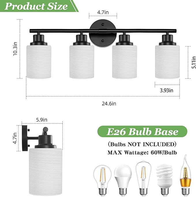 Guliaofo 4-Light Bathroom Light Fixtures, Black Vanity Lights for Mirror with Textured Milky White Glass Shade, Modern Kitchen Light Fixtures Wall Sconce Light - E26 Base