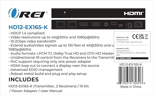 OREI 4K 1x2 HDMI Over ethernet Extender Splitter Over CAT6/7 ethernet Cable 4K@30Hz up to 165 ft - 1 in 2 Out, 1080P@60Hz Upto 230 ft, PoC, IR Control, EDID, HDMI Loop Out (HD12-EX165-K)