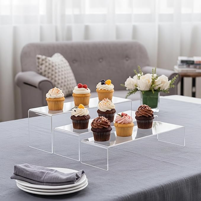 Chuangdi 2 Sets Acrylic Display Risers, Product Stand, Jewelry Display Riser Shelf Showcase Fixtures for Dessert Cupcake Candy Figure Treat Action Showcase (Clear,Extra Large Set)
