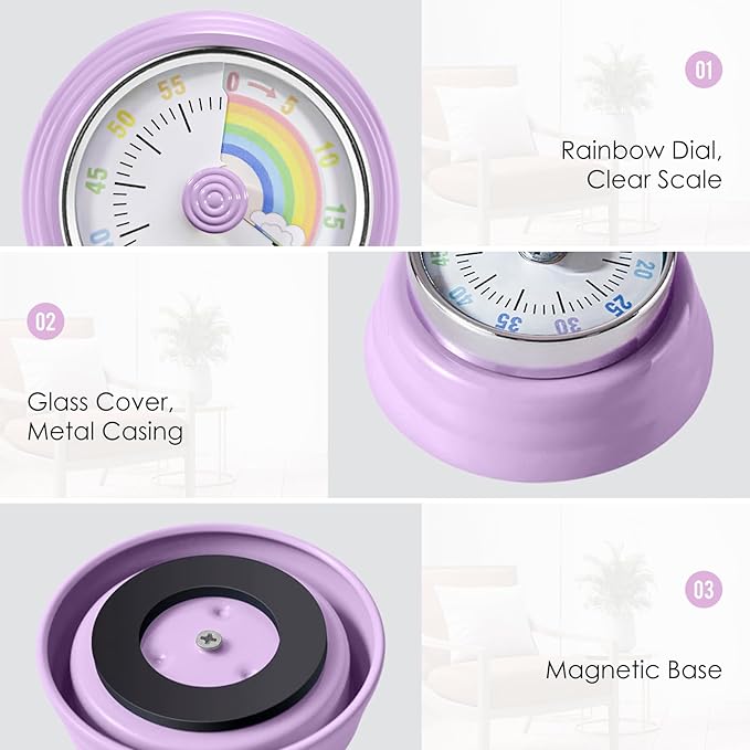 Teeloray Visual Timer for Kids Rainbow Kitchen Timer with Magnetic Base Mechanical Timer 60-Minute Countdown Timer Ringer Alert Time Management Tool for Children and Adults Study Work Cooking, Purple