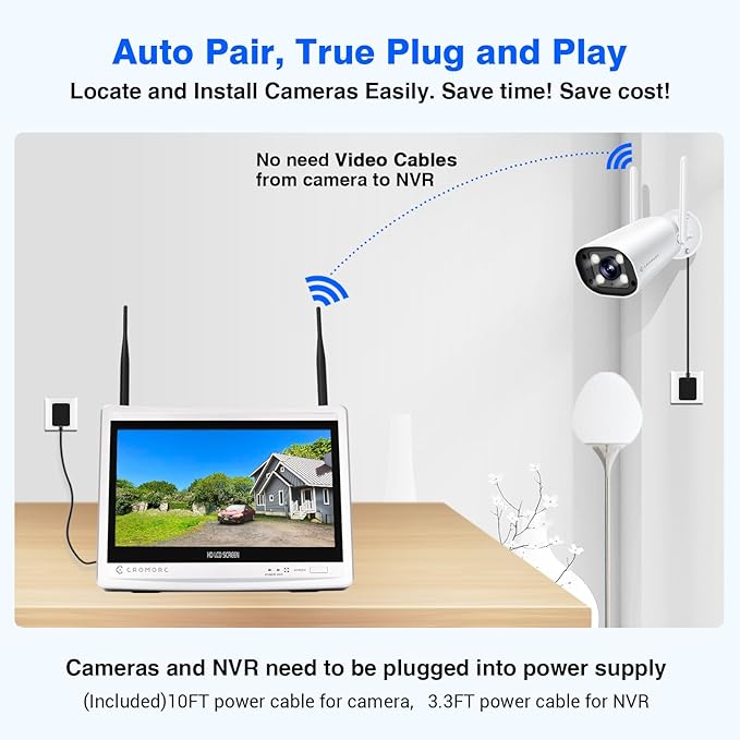 Cromorc Expandable 16CH NVR Wireless Security Camera System with 12.5" Monitor, 4PCS 5MP Surveillance Camera Human Detection, Spotlight, Siren Alarm, 2-Way Audio, Night Vision, 3TB HDD