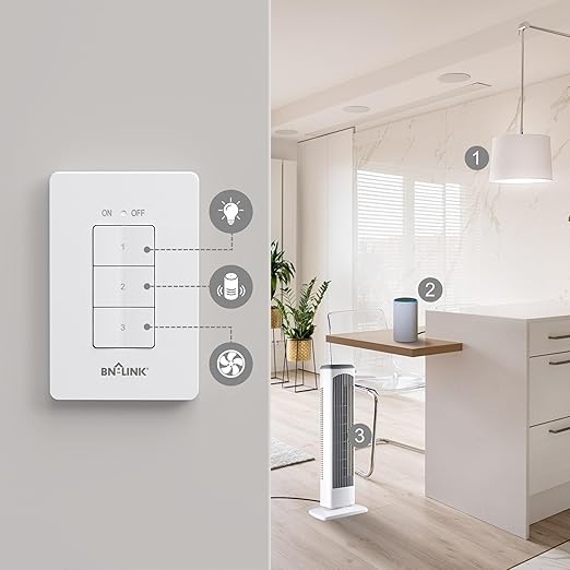 BN-LINK Mini Wireless Wall-Mounting Remote Control Outlet Switch Power Plug in for Household Appliances, Wireless Remote Light Switch, LED Light Bulbs, White (3 Outlets)