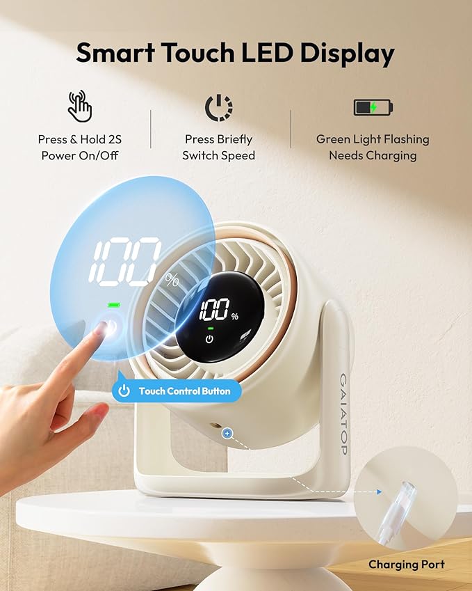 Gaiatop Desk Fan, Touch Control LED Display Small Portable Fans, 5 Speeds Strong Wind, Ultra Quiet Rechargeable 4000mAh Battery Operated Table Desktop for Bedroom, Office (White Beige)