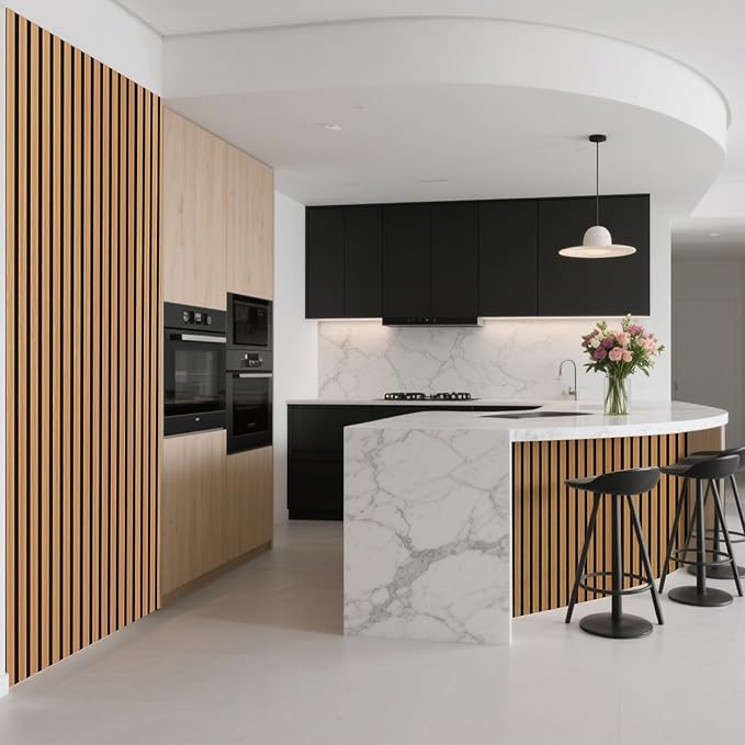 Art3d 1-Pack Acoustic Wood Slat Wall Panel with Roll-Flat Design - 95.3 x 23.8 Inch Sound Absorbing Panels for Living Room Columns Corridor Curved Wall Decor, Teak