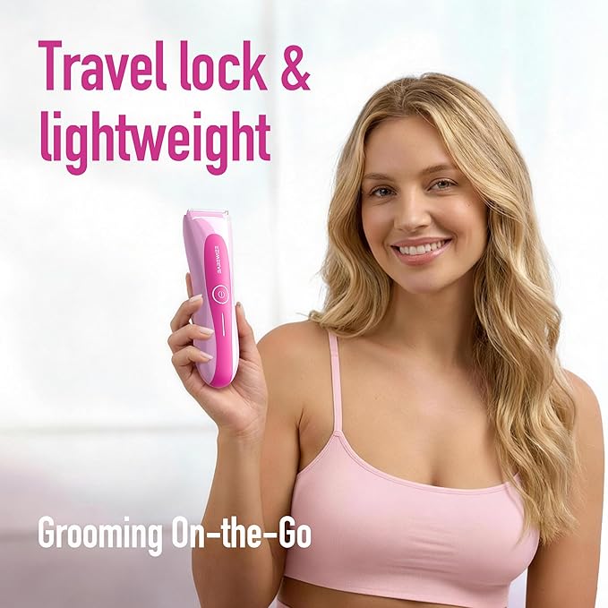 BAREWIZE Bikini Trimmer for Women, Electric Shaver for Women | LED Light, IPX7 Waterproof, USB-C Rechargeable, Ceramic Blade | Electric Razors for Women, Pubic Hair Trimmer Women (Petal Bonbon)
