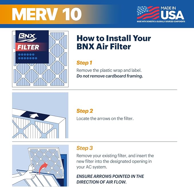 BNX TruFilter 14x20x1 MERV 10 (4-Pack) AC Furnace Air Filter - MADE IN USA - Pleated Air Conditioner HVAC AC Furnace Filters - Removes Odor, Mold, Bacteria, Smoke