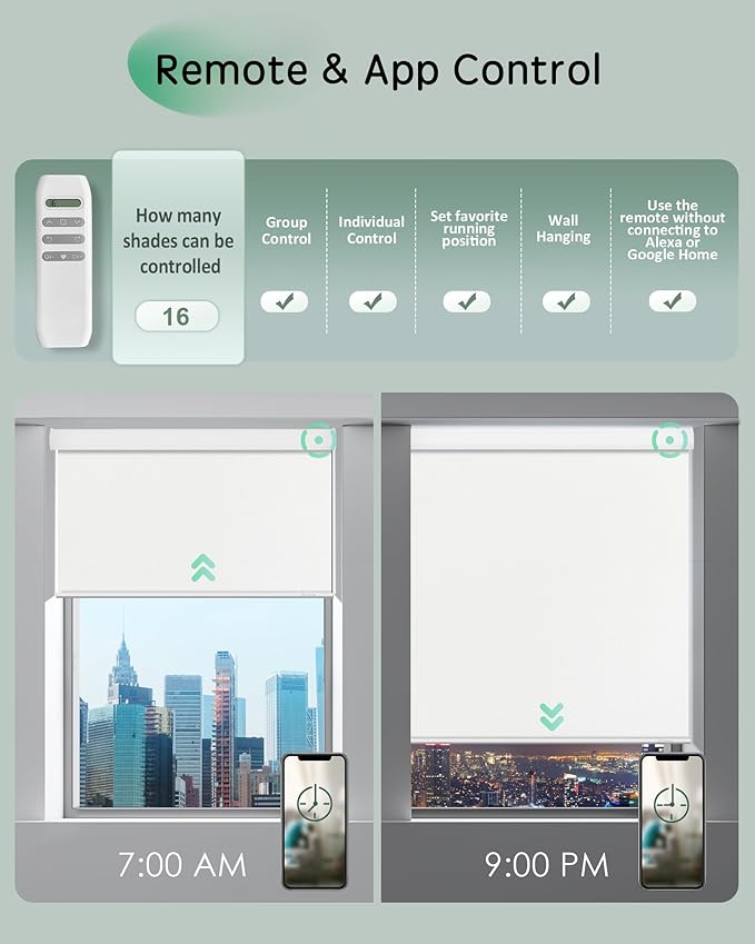 Yoolax Motorized Blinds App Control, Blackout Roller Shades for Windows, Cordless Automatic Shades Roller Window Blinds for Bedroom Living Room Office (Blackout Alpine White, 27" W x 72" H)