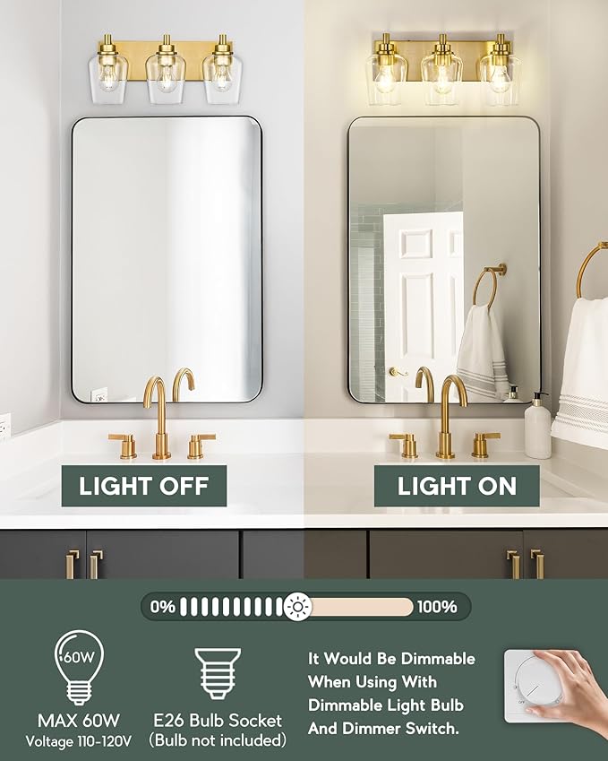 METWET Bathroom Light Fixtures, 3-Light Modern Vanity Light with Clear Glass Wine Glass-Shaped Shade, Vanity Lighting Fixtures Over Mirror, Brushed Gold, VL155-BG-3