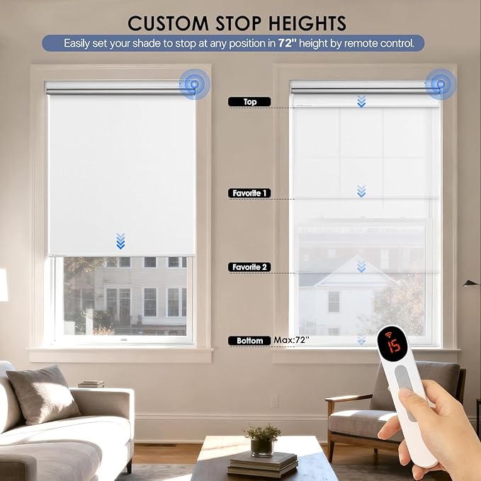 Motorized Blackout Smart Roller Blinds with Remote Control & Solar Panel - Automatic Electric Shades for Windows, Compatible with Alexa - White,24" W*72" H