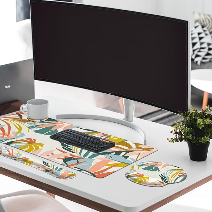 Britimes Bohemian Rainforest Keyboard Mouse Pad Set 4in1 Large Mousepad+Keyboard Wrist Rest+Mouse Wrist Rest+Coaster Set with Ergonomic Design for Home Office Computer 35.4x15.7 inches