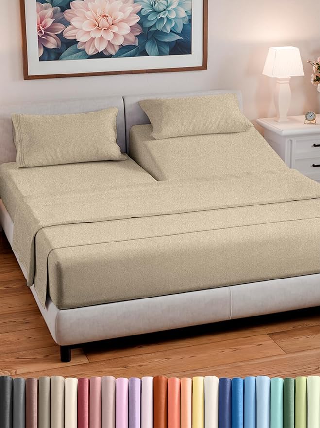 Split Head King Sheet Set – 4 Piece Flex Split Top King Sheets for Adjustable Beds - Fits 14” to 16" Mattress w/ Deep Pockets - Breathable & Cooling - Luxury Bedding and Wrinkle Free - Heathered Beige