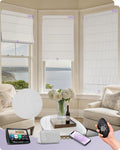 Graywind Smart Roman Shades 100% Blackout Compatible with Alexa Google Rechargeable Motorized Window Blinds Remote Control Room Darkening Plain Fold, Custom Size (Matelasse White)