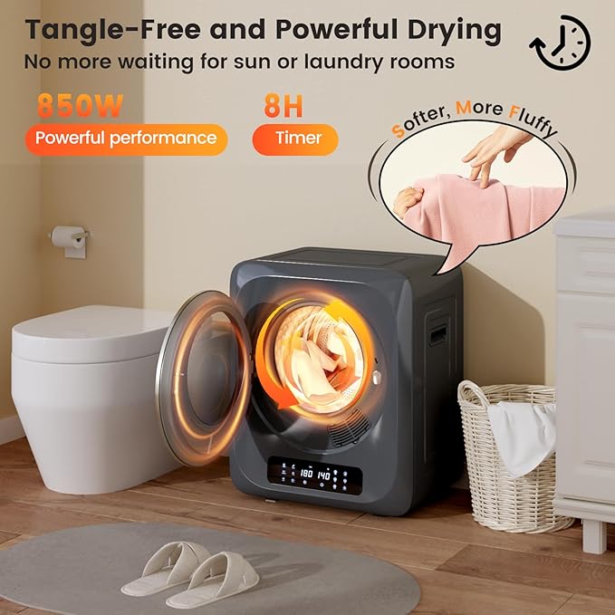 VCJ Portable Dryer for Laundry, 12lbs Clothes Dryer with 6 Drying Modes & 8H Timer, LED Display 850W Front Load Compact Electric Dryer for Apartment, RVs, Dorms