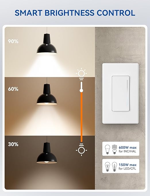 ELEGRP Smart Dimmer Light Switch DTR30, Single Pole or 3 Way, 2.4GHz Wi-Fi Touch Dimmer Compatible with Alexa/Google Assistant, Needs Neutral Wire, No Hub Required, UL and FCC Listed, White, 6 Pack