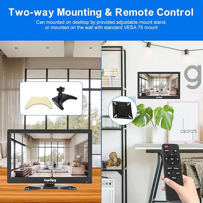 Suprlipy 12 inch FHD Small IPS Monitor LCD Display Screen 1920x1080 60Hz 16:9 with BNC VGA AV Input Built-in Lounspeakers for CCTV Security Camera DVR PC RasPi