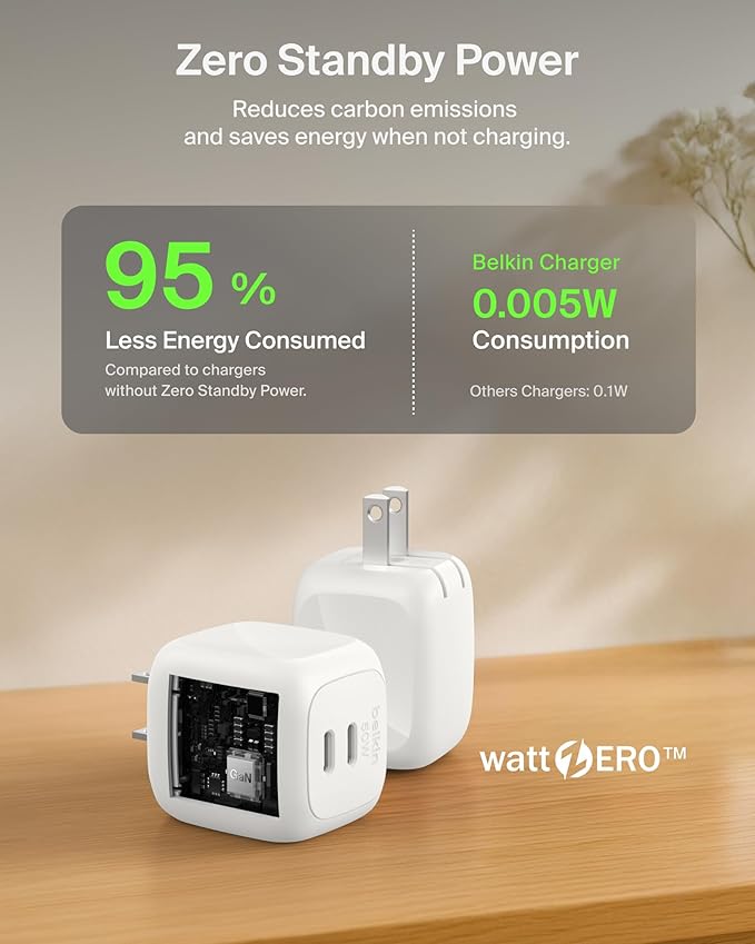 Belkin 2-Port USB C Charger Block 50W, Dual-Port GaN Charger w/ 2X USB C Ports & Included 1M C-C Cable, Fast Charging for MacBook, iPhone, iPad, Chromebook, Galaxy, Pixel - Travel Essentials - White