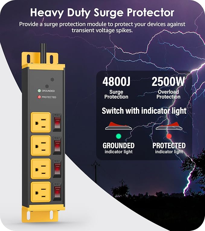 CCCEI 2PCS Heavy Duty Power Strip Surge Protector 20 AMP Individual Switches. 12 Gauge Extension Cord with Multiple Outlets. Garage, Shop, Industrial Wall Mount Electric Extender. 15FT, Yellow.