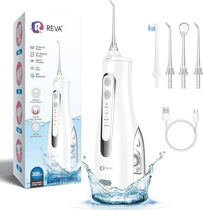 R REVA Cordless Oral Irrigator - 4 Modes Water Flosser for Teeth Cleaning, 300ML Reservoir, 360° Nozzle, IPX7 Waterproof, 2000mAh Rechargeable Battery, 4 Jet Tips, Smart Memory Function (M149 - White)