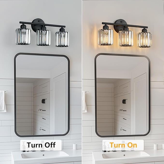 FDPBY Modern 3 Light Crystal Vanity Light, Black Vertical Bathroom Light Fixture Over Mirror for Dressing Table Sink, Compatible with Dimmable Bulbs (Bulbs Not Included)