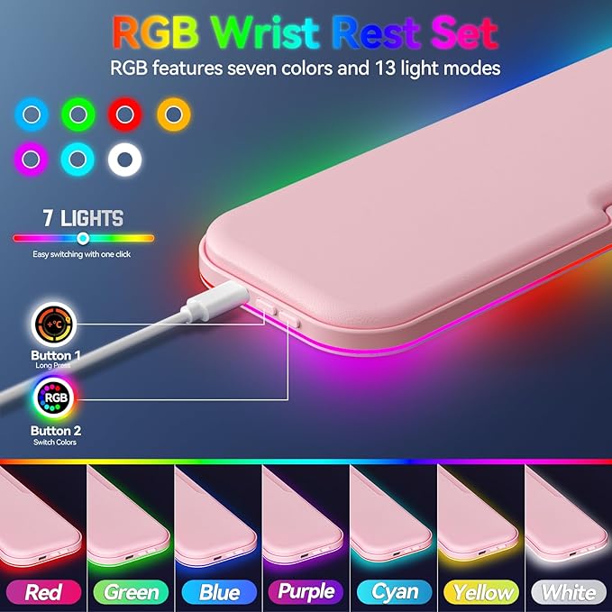 KONDOUND 2-in-1 Heated Wrist Rest Set, Ergonomic Memory Wrist Pad with RGB Lights and Non-Slip Base, Keyboard Mouse Wrist Rest for Computer Laptop Office Work and PC Gaming