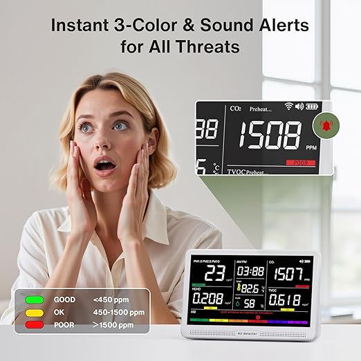 bonoch Upgrade Extended 12-Hour Battery Life 16 in 1 Air Quality Monitor Indoor with 7" Display, Professional Air Quality Meter for CO2, TVOC, PM2.5, PM1.0, PM10, HCHO, Temperature Humidity AQI & Time