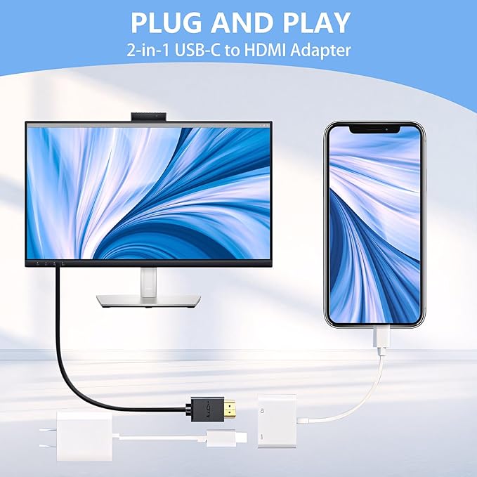 Kinhaly USB C to HDMI for TV, 4K@60Hz Type C to HDMI Adapter with Charging Port, iPhone to Hdmi to USB C Adapter Compatible for iPhone 16/15 Series/iPad Pro/Galaxy/MacBook Pro to HDTV Projector