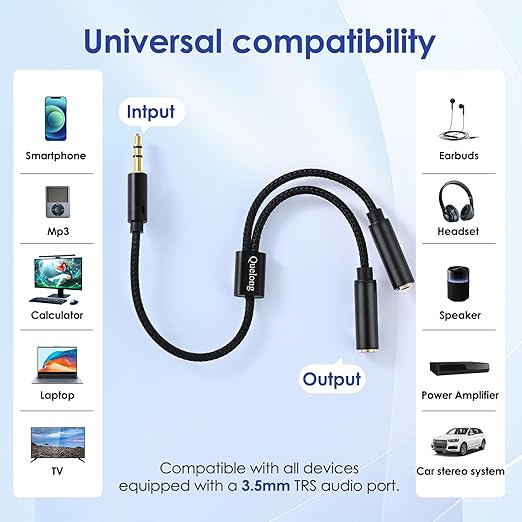 Quelong 3Pcs Headphone Splitter, Dual Headphone Nylon Braided Extension Cable, Hi-Fi Audios Stereo Y Splitter 3.5mm 2 Female 1 Male, Suitable for Phones, PS4, Amplifiers, Smartphones, Tablets,etc.