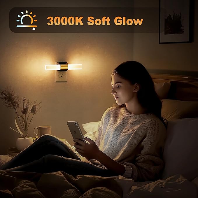 JandCase LED Night Light, 2 Pack Night Lights Plug into Wall, 3000K Soft White, 0-100LM Adjustable Brightness, 180° Rotating Plug in Night Light with Auto Light Sensor for Bedroom Bathroom Hallway